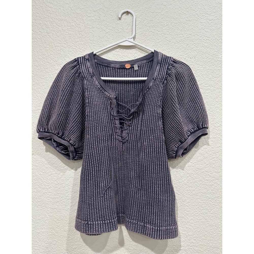 Free People FP One Waffle Knit Lace Up Puff Sleeve Top Navy Blue XS OB1166170